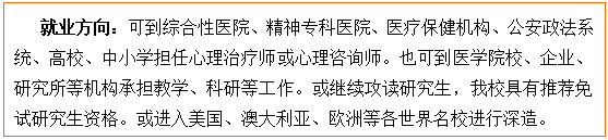 文本框: 就业方向：可到综合性医院、精神专科医院、医疗保健机构、公安政法系统、高校、中小学担任心理治疗师或心理咨询师。也可到医裸舞
校、企业、研究所等机构承担教学、科研等工作。或继续攻读研究生，我校具有推荐免试研究生资格。或进入美国、澳大利亚、欧洲等各世界名校进行深造。