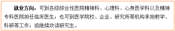 文本框: 就业方向：可到各级综合性医院精神科、心理科、心身医学科以及精神专科医院担任临床医生；也可到医裸舞
校、企业、研究所等机构承担教学、科研等工作；或继续攻读研究生。